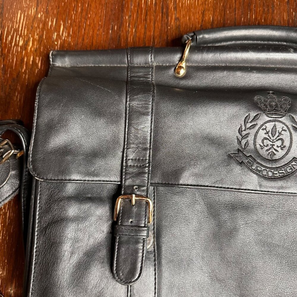 Vintage Eurodesign Black Leather Portfolio Bag With Shoulder Strap & Buckle Clos - Picture 6 of 12